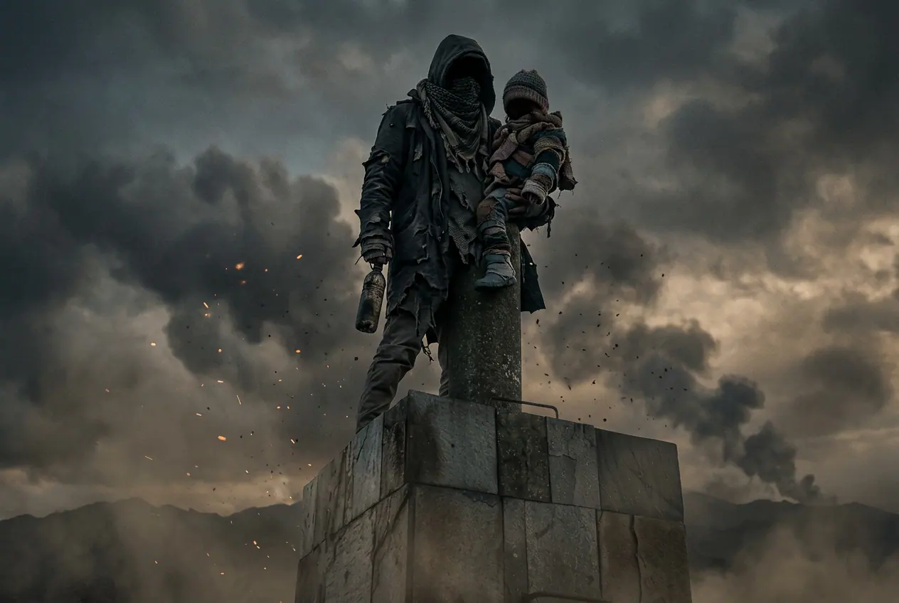 A figure in silhouette atop a stone monument at dusk