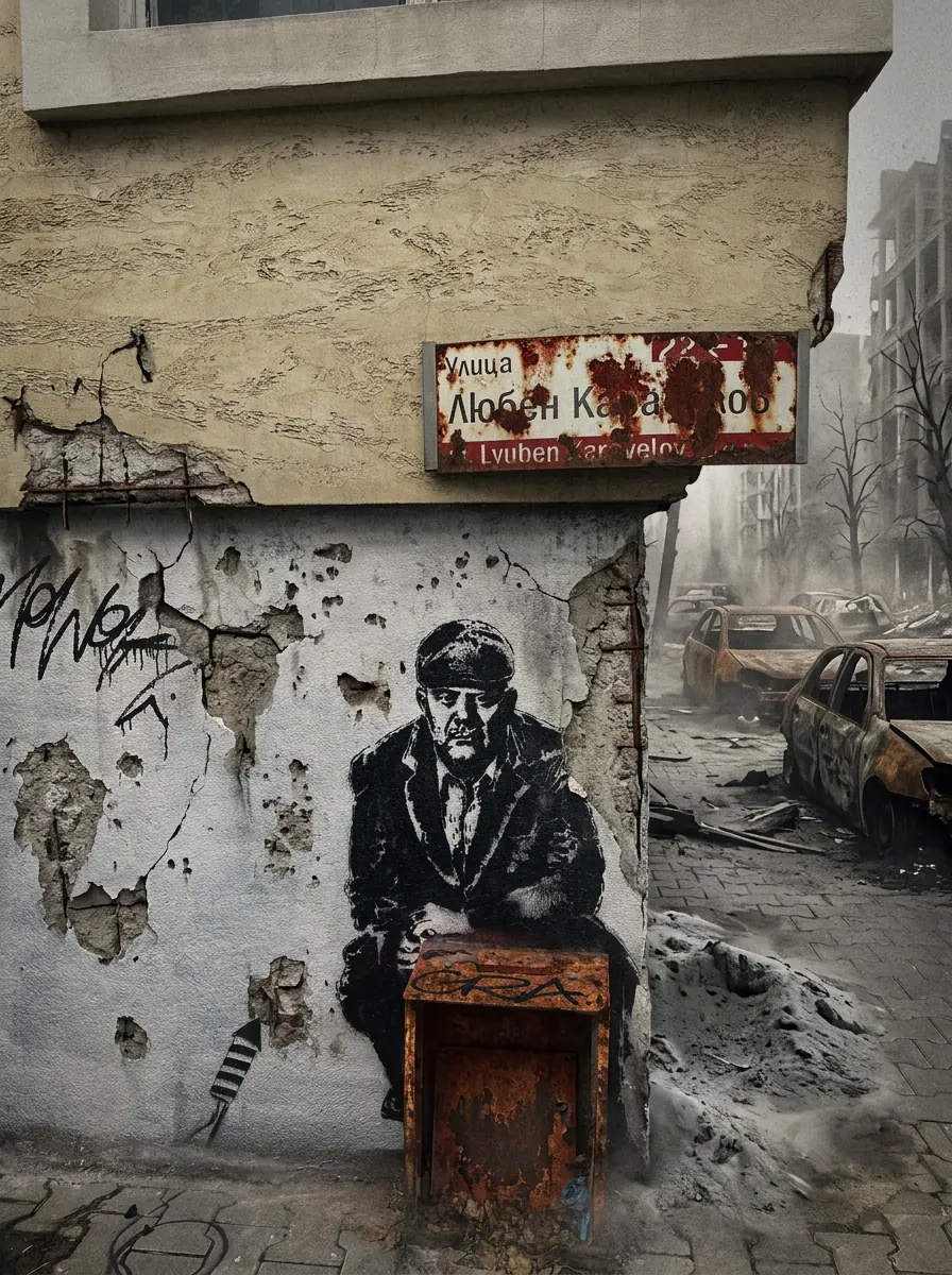 A stencil mural of a seated man on a cracked wall in a burnt-out street