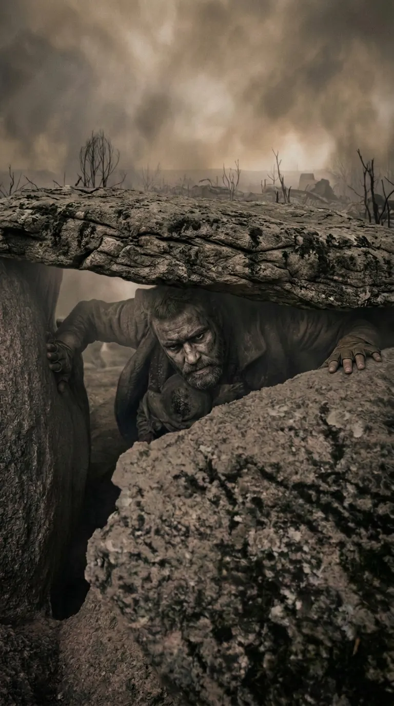 A figure emerging from beneath a massive stone dolmen into an ash-grey landscape