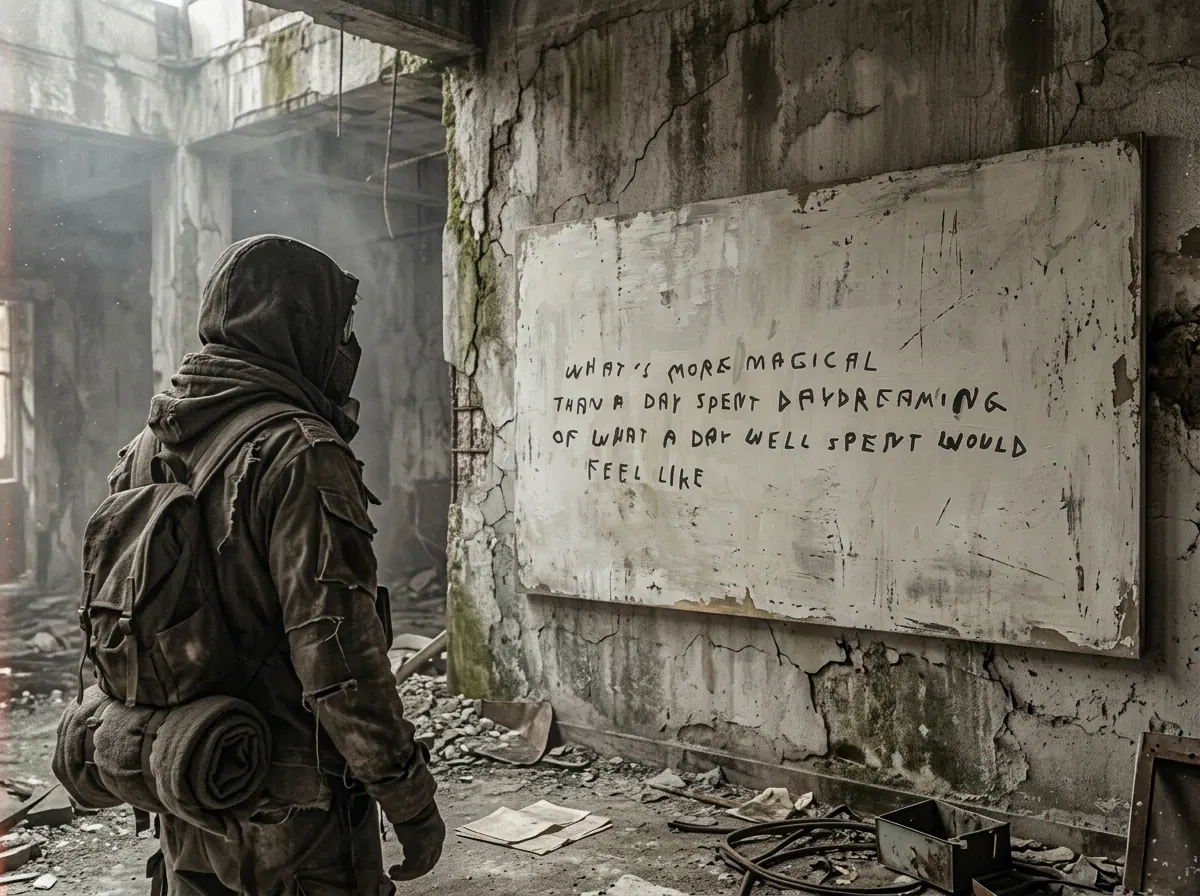 A figure in a mask and pack facing a weathered board of handwritten text in a ruined hall