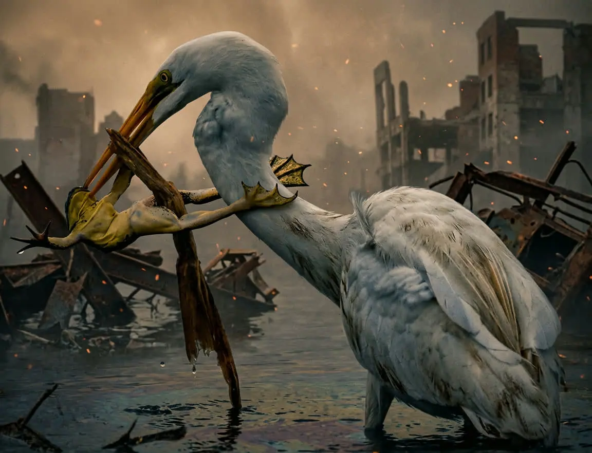 A heron with a frog in its beak standing in a flooded ruin
