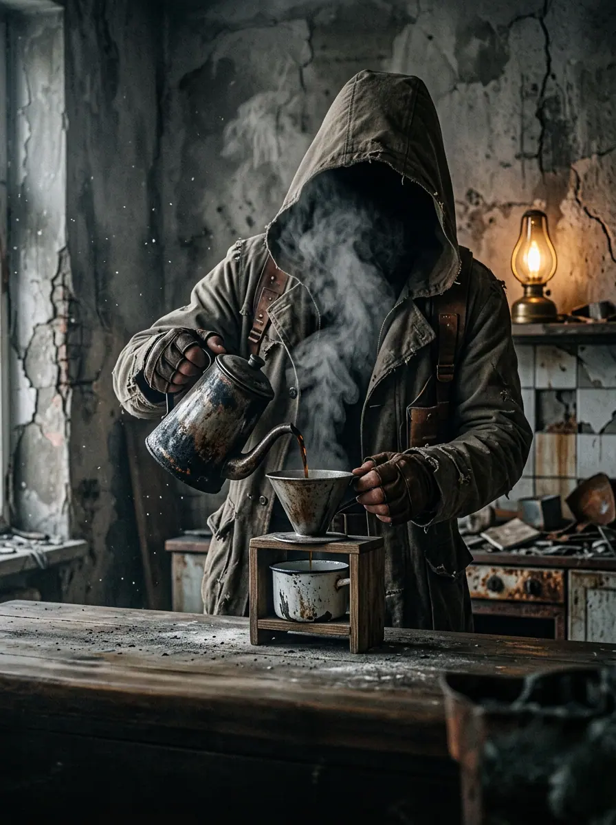 A hooded figure pours coffee from a battered tin pot in a ruined kitchen