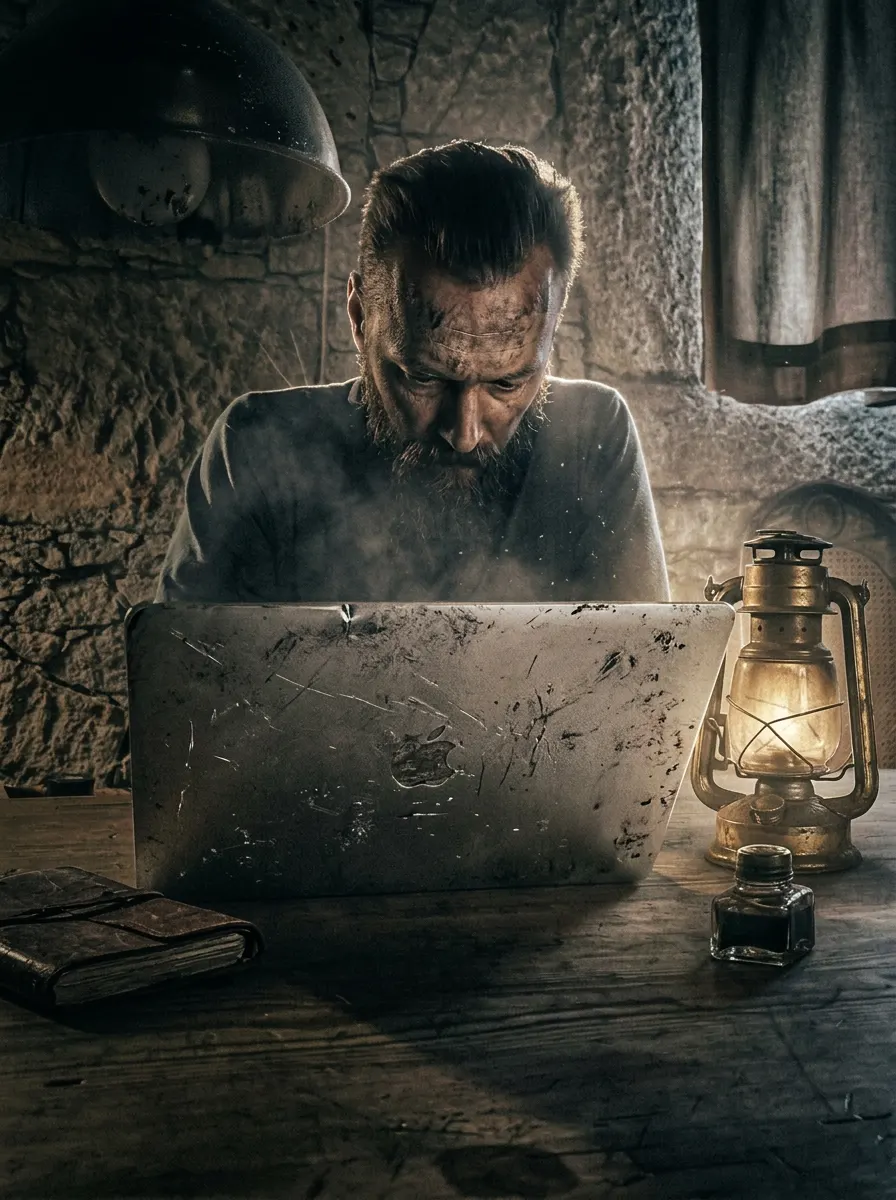 A hooded figure writing by lantern light in a stone shelter, face lost in shadow