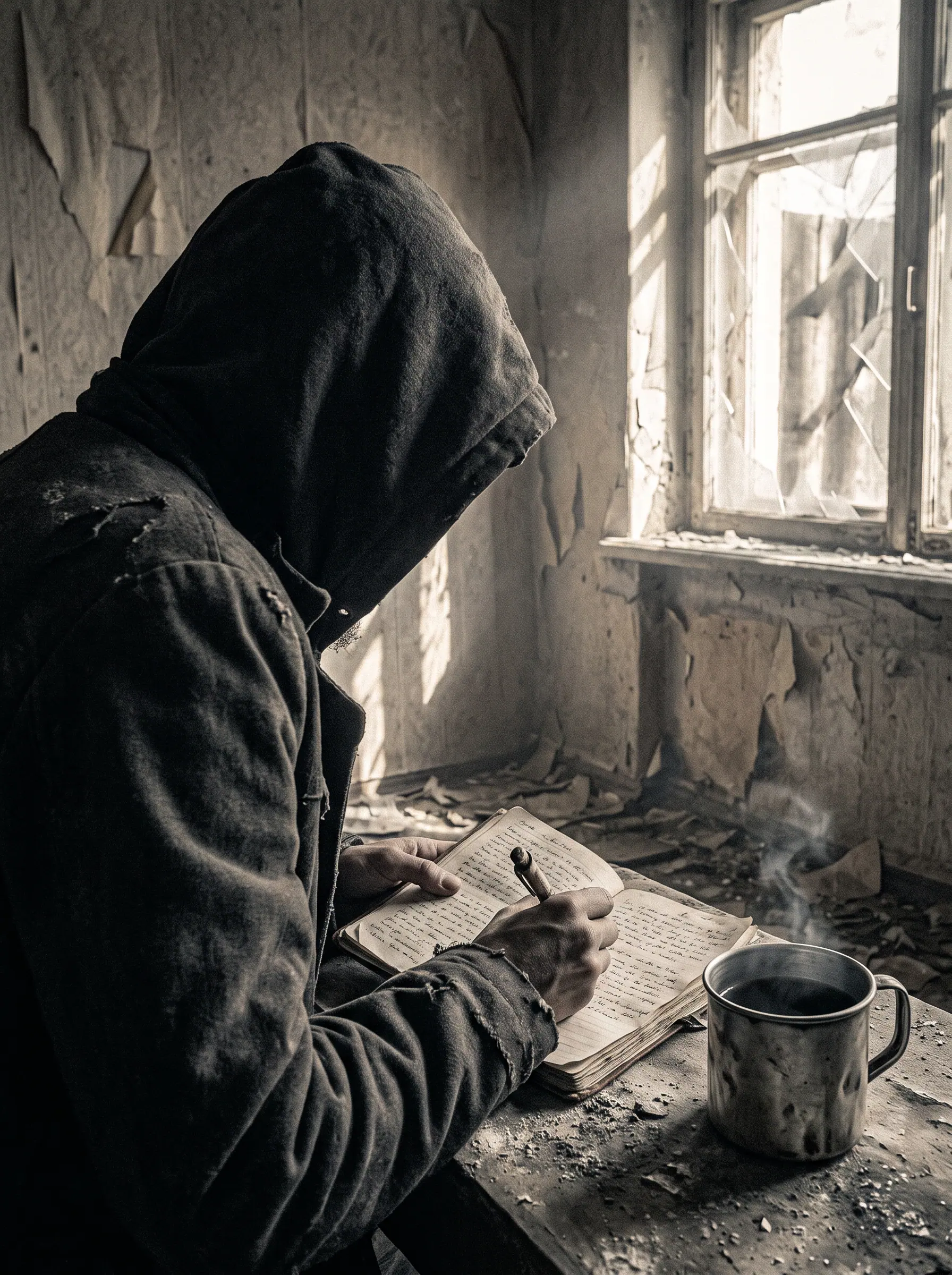 A hooded writer at a dusty table with a notebook and tin cup, face hidden