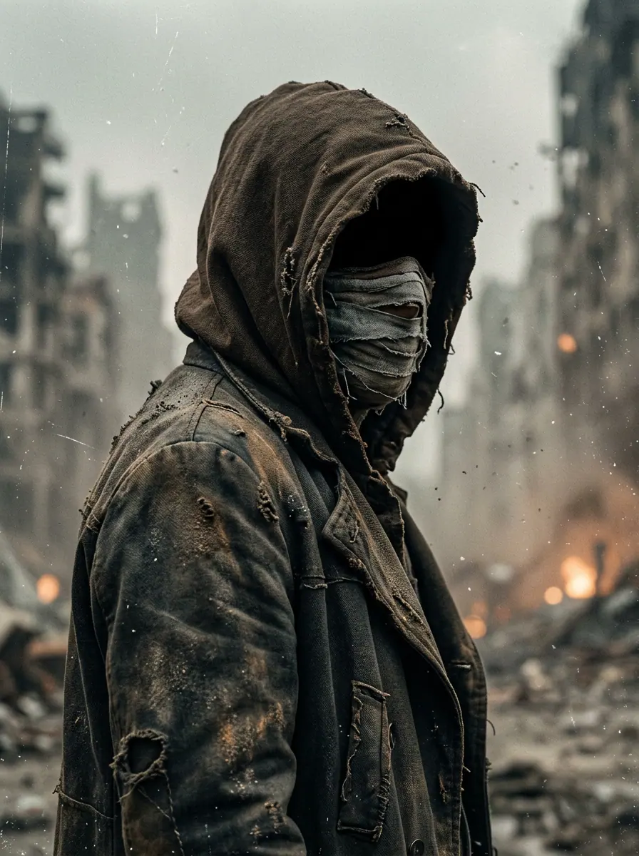 A hooded, masked figure in a ruined city under ash-grey sky