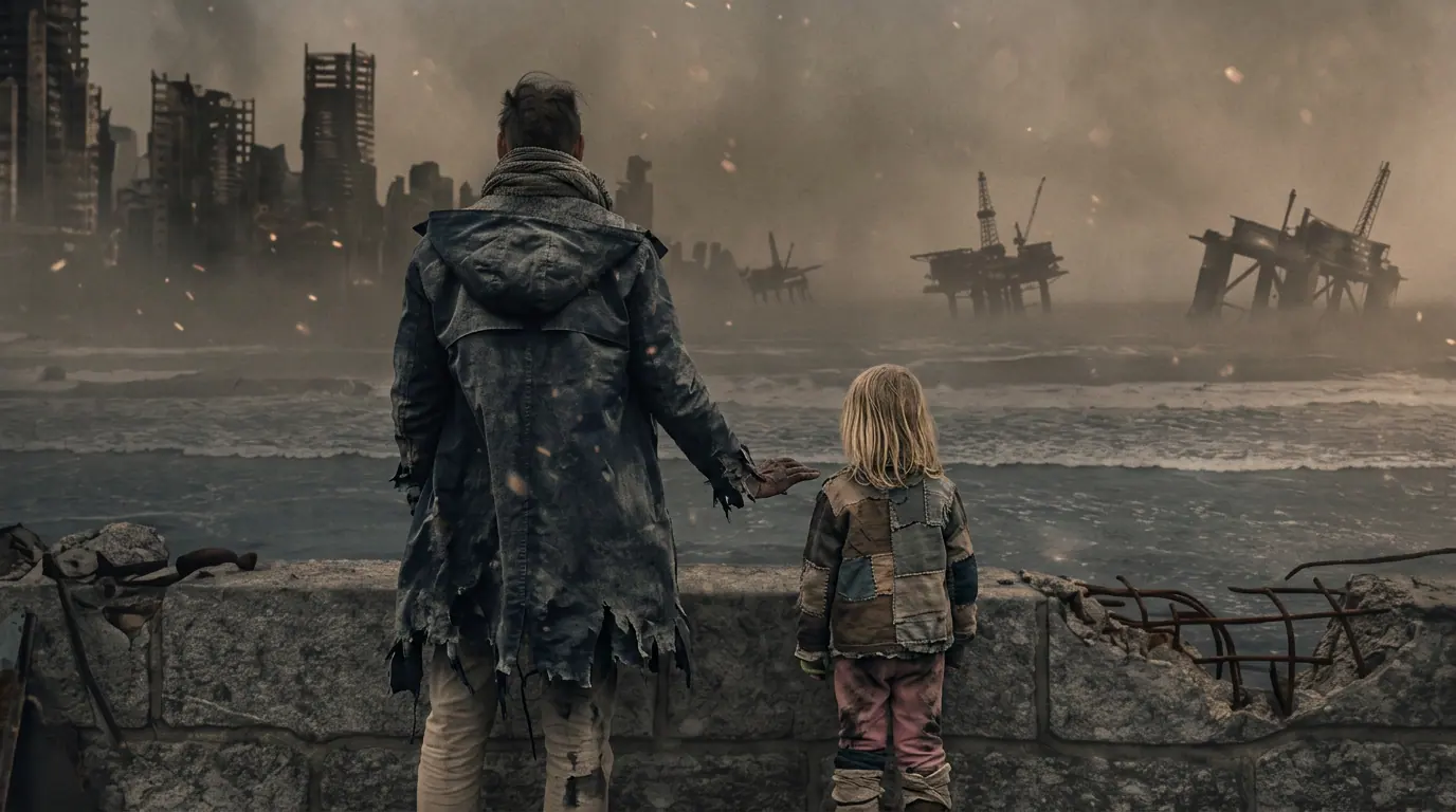 A figure seen from behind, looking out over a ruined coast