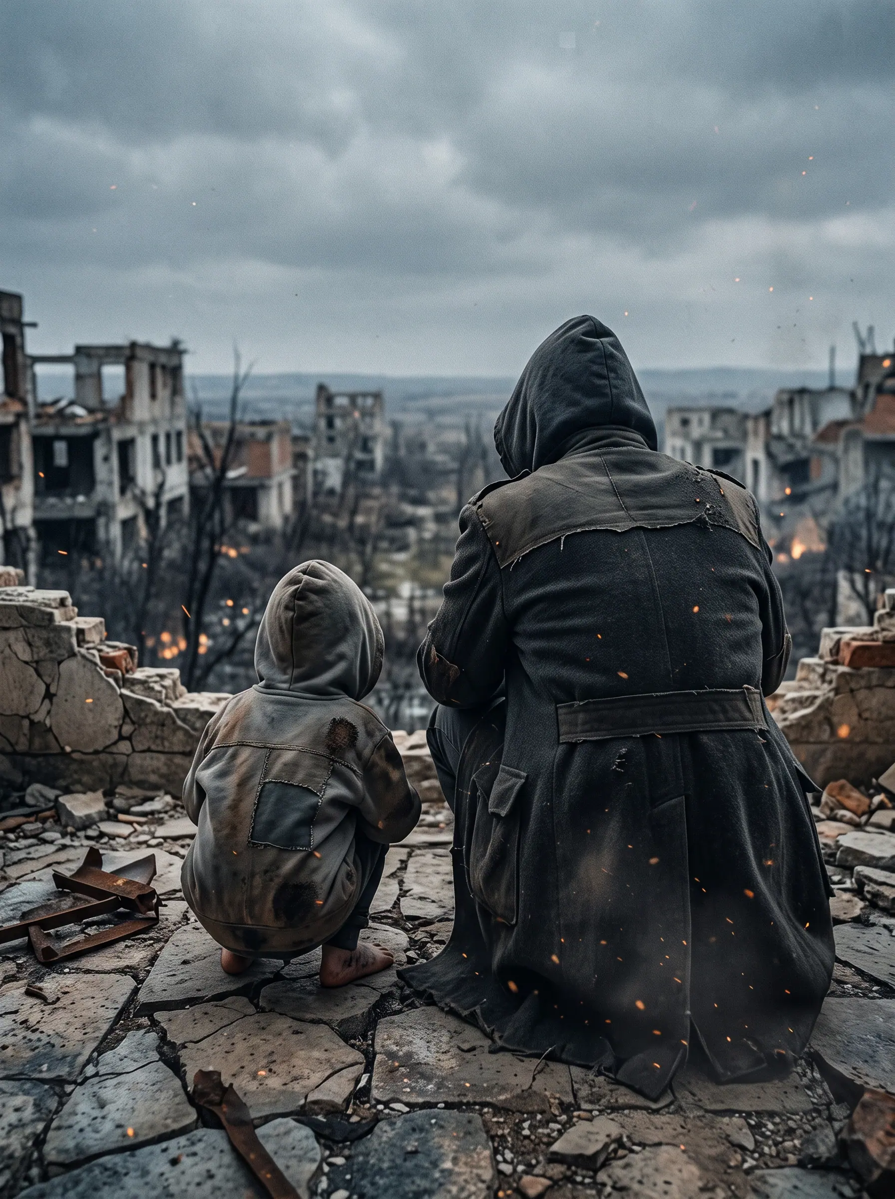 A hooded adult and a child seen from behind above a ruined settlement